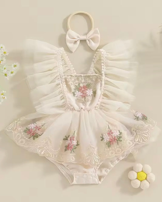 Ivory Angel Wings Tulle Romper with Floral Embroidery – Size 0–3M