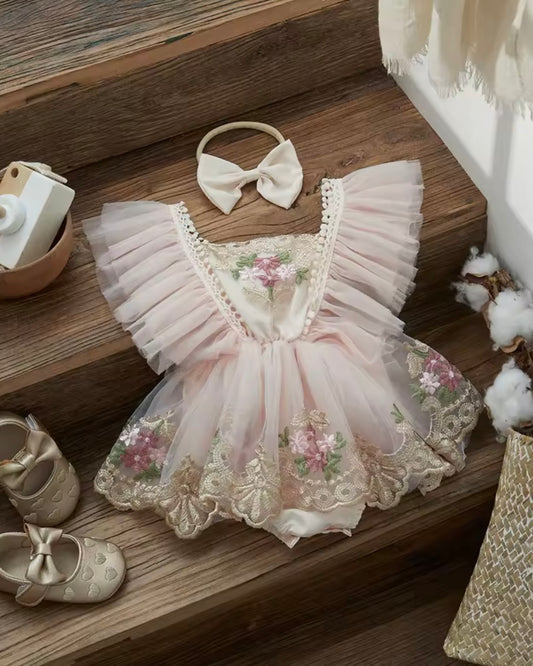 🌸 Premium Floral Embroidered Tulle Romper – Baby Girl Princess Outfit with Headband (0–3M)