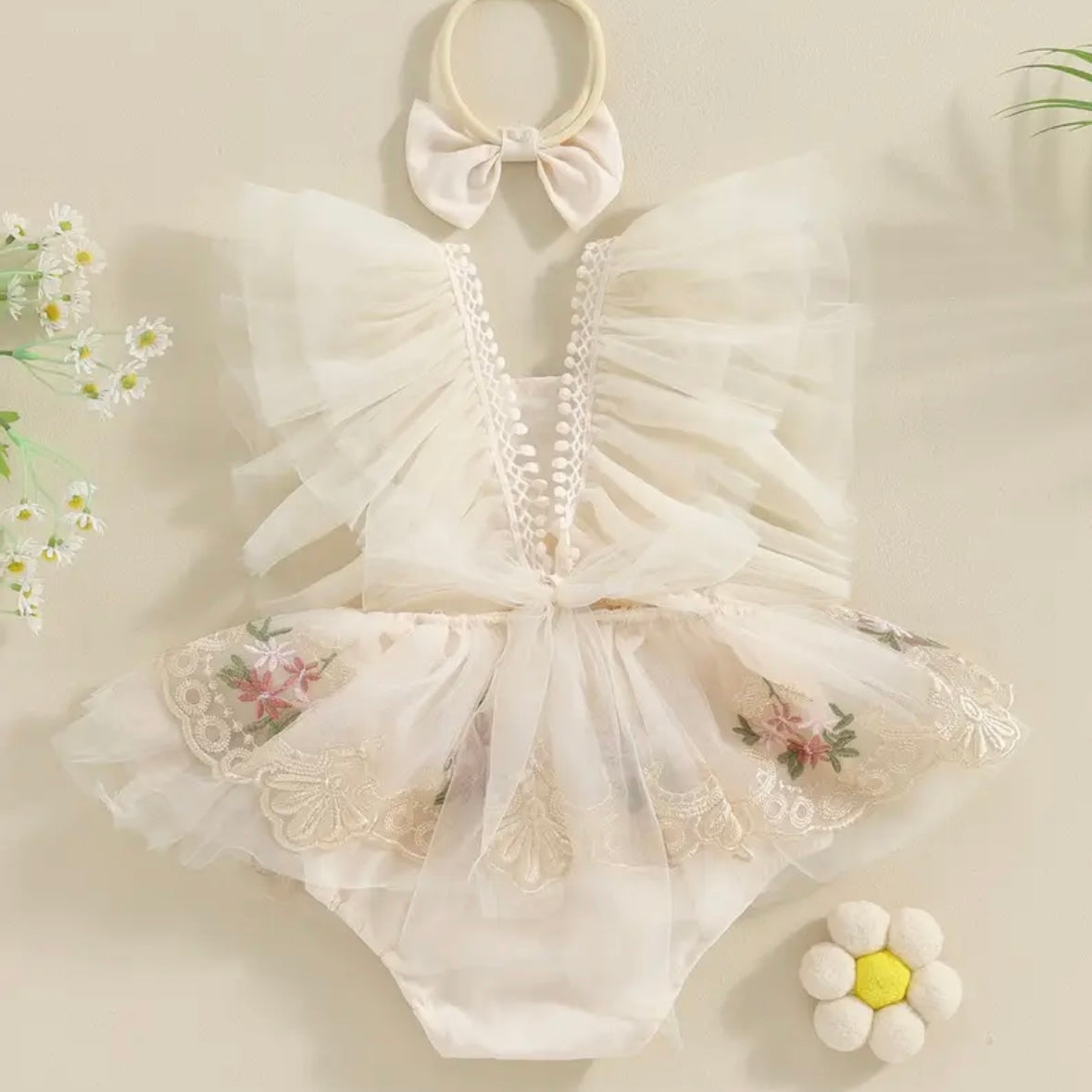 Ivory Angel Wings Tulle Romper with Floral Embroidery – Size 0–3M