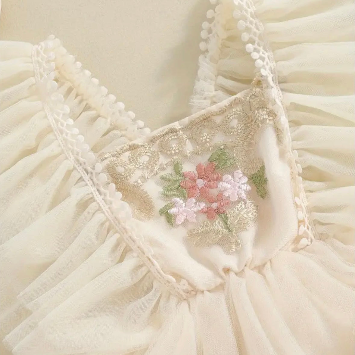 Ivory Angel Wings Tulle Romper with Floral Embroidery – Size 0–3M