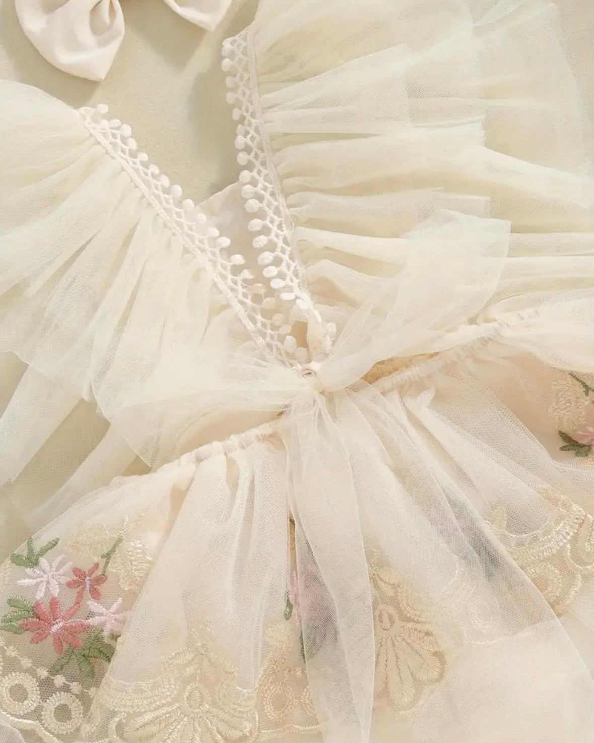 Ivory Angel Wings Tulle Romper with Floral Embroidery – Size 0–3M