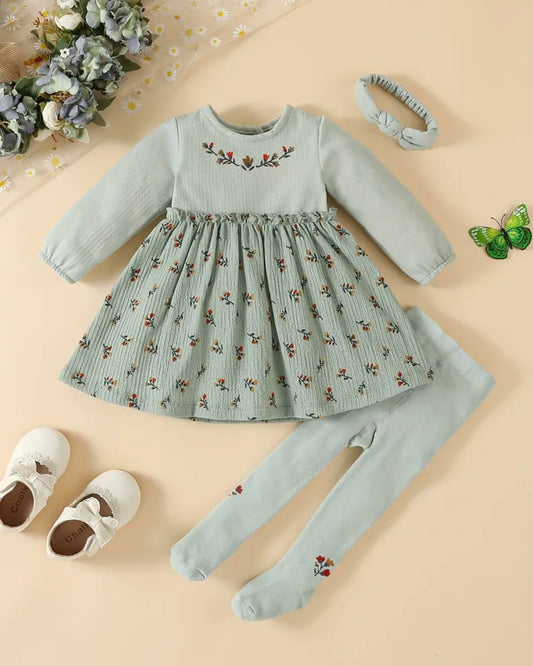 Baby Girl Sage Green Embroidered Dress Outfit Set with Tights & Headband – Size 12-18M