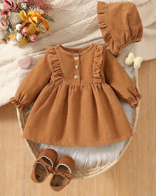 Baby Girl Corduroy Dress & Bonnet Set – Caramel Brown, Size 6–9M