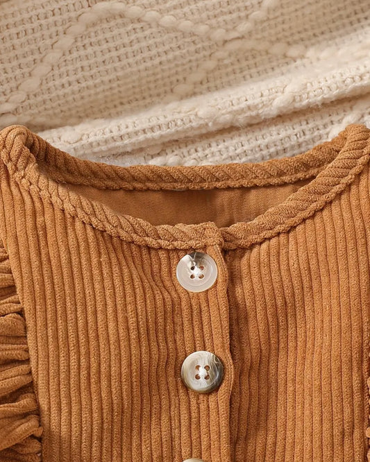 Baby Girl Corduroy Dress & Bonnet Set – Caramel Brown, Size 6–9M