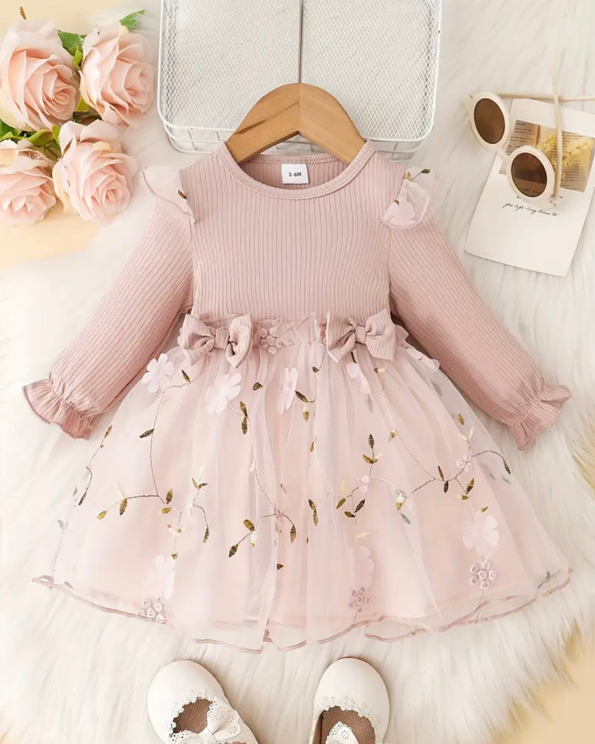 Baby Girl Blush Pink Tulle Dress with Floral Embroidery & Bow Details – Size 3–6M