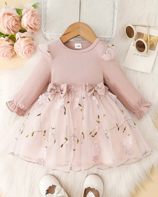 Baby Girl Blush Pink Tulle Dress with Floral Embroidery & Bow Details – Size 3–6M