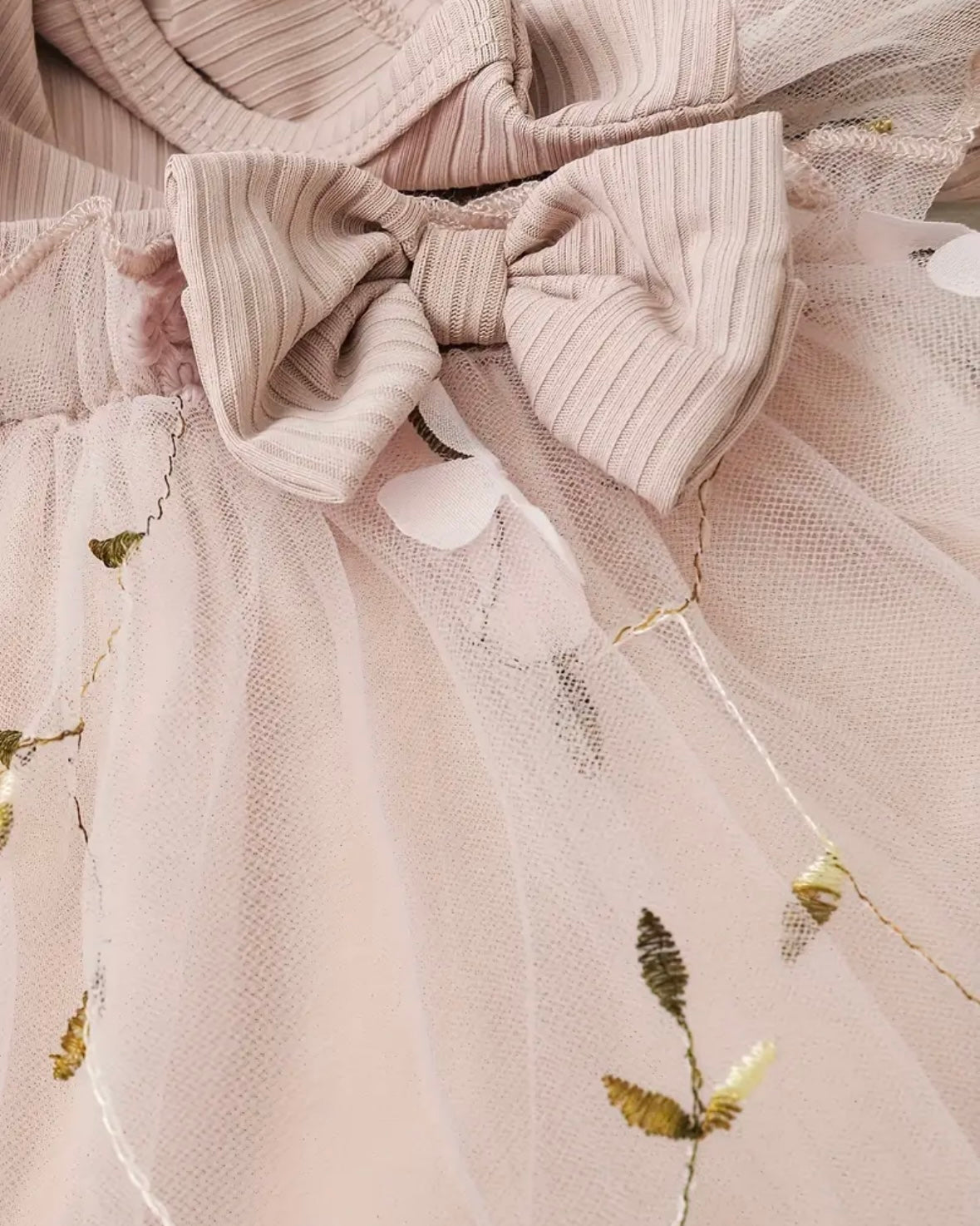 Baby Girl Blush Pink Tulle Dress with Floral Embroidery & Bow Details – Size 3–6M