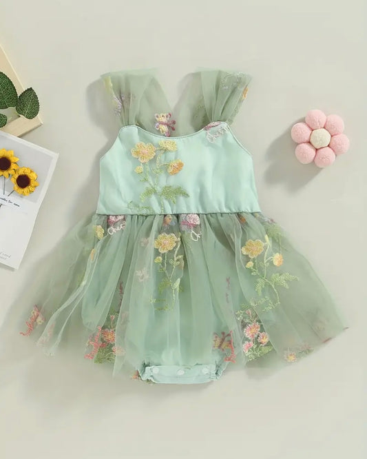 Baby Girl Mint Green Floral Embroidered Tulle Romper with Bow Back – Size 3–6M