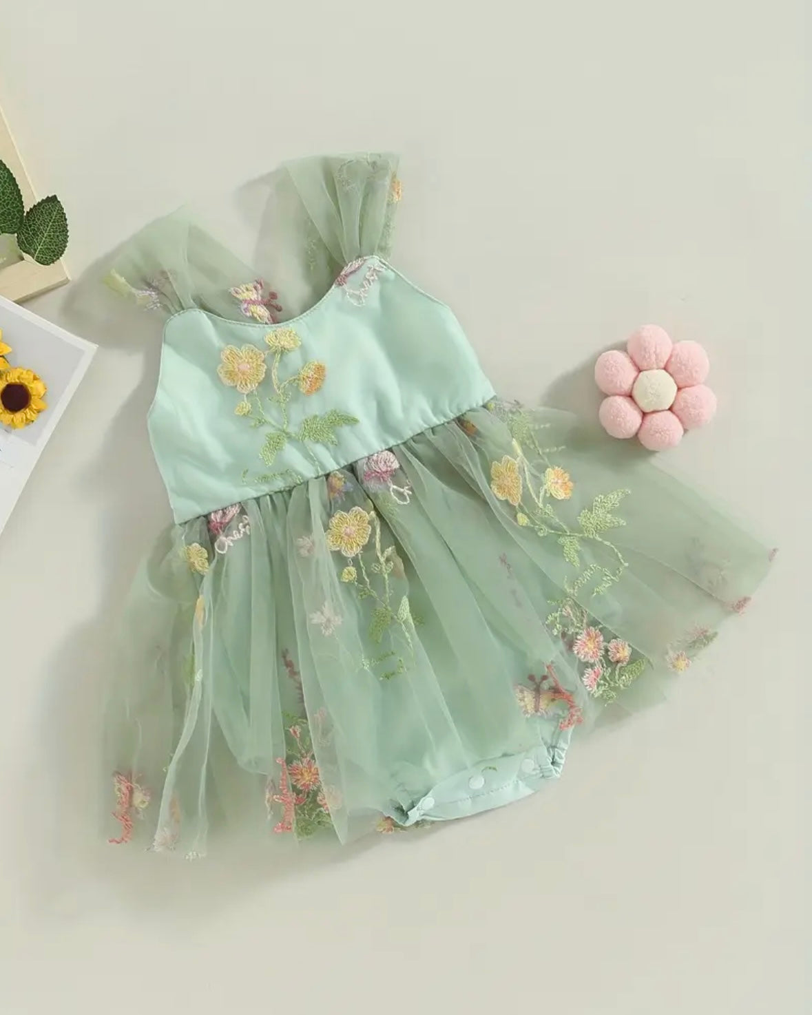Baby Girl Mint Green Floral Embroidered Tulle Romper with Bow Back – Size 3–6M