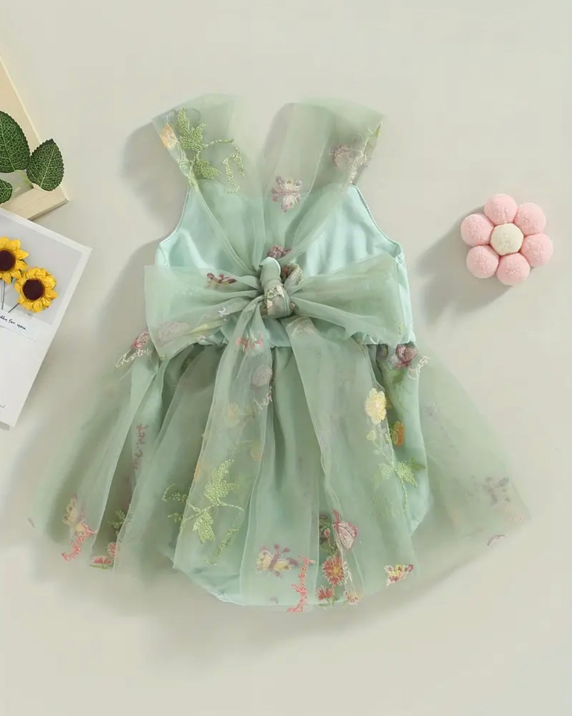 Baby Girl Mint Green Floral Embroidered Tulle Romper with Bow Back – Size 3–6M