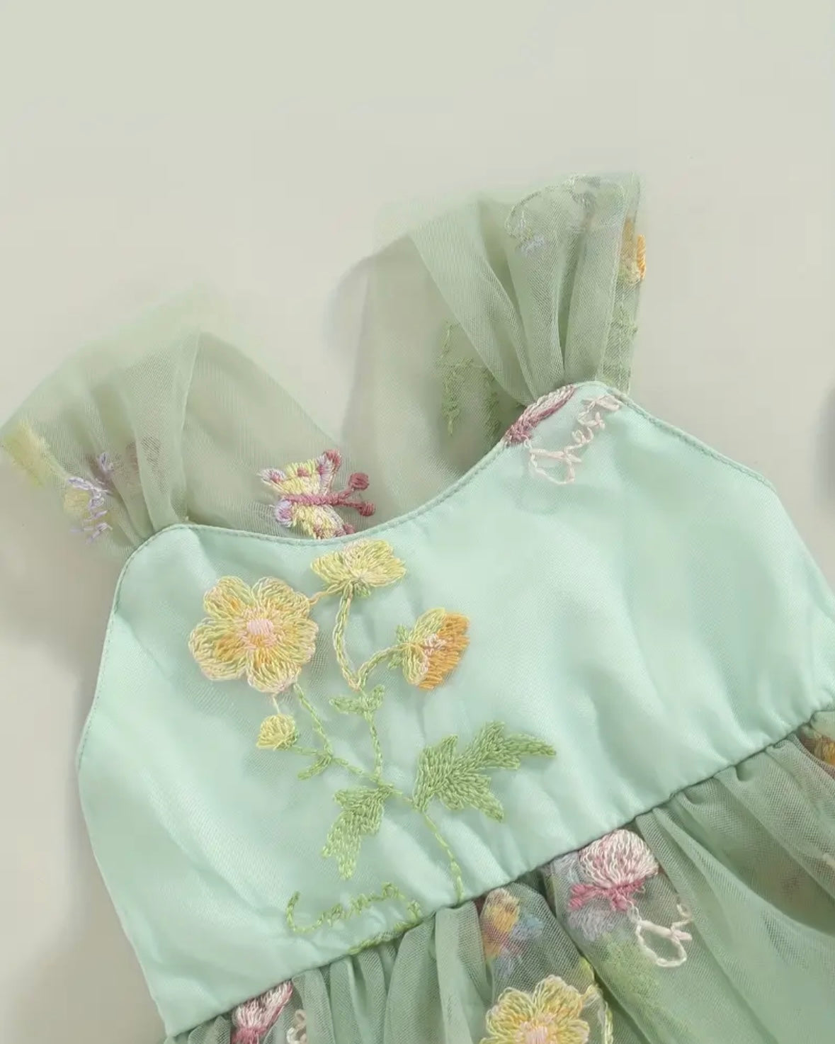 Baby Girl Mint Green Floral Embroidered Tulle Romper with Bow Back – Size 3–6M