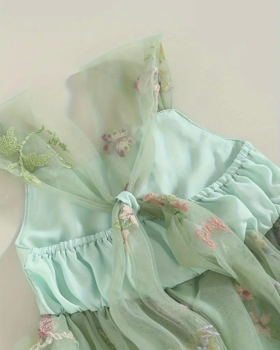 Baby Girl Mint Green Floral Embroidered Tulle Romper with Bow Back – Size 3–6M