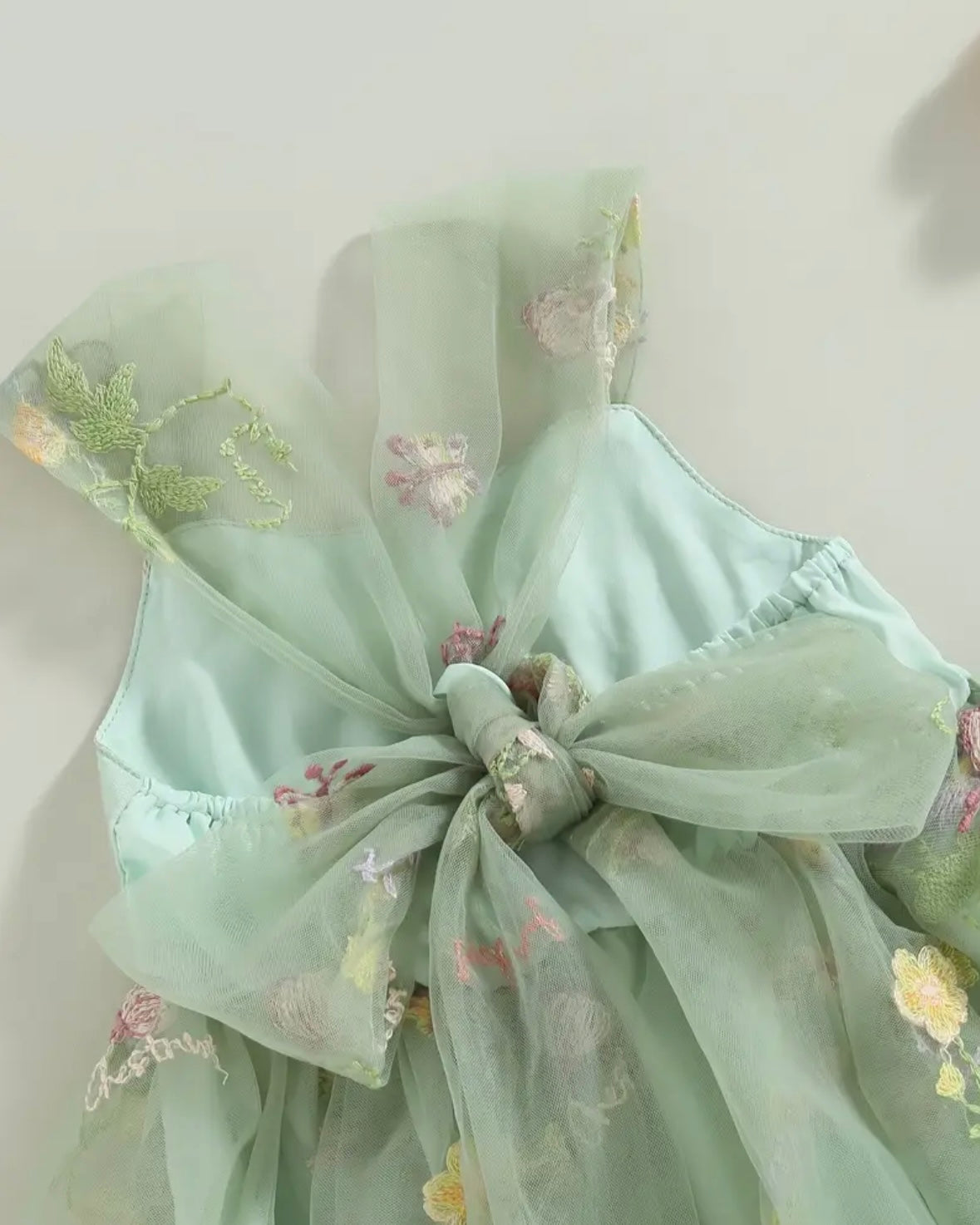 Baby Girl Mint Green Floral Embroidered Tulle Romper with Bow Back – Size 3–6M