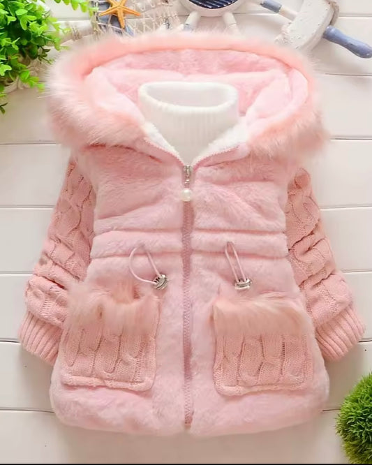 Plush Pink Hooded Winter Coat with Cable Knit Sleeves – Sizes 12–18M & 4T