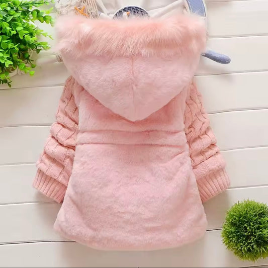 Plush Pink Hooded Winter Coat with Cable Knit Sleeves – Sizes 12–18M & 4T
