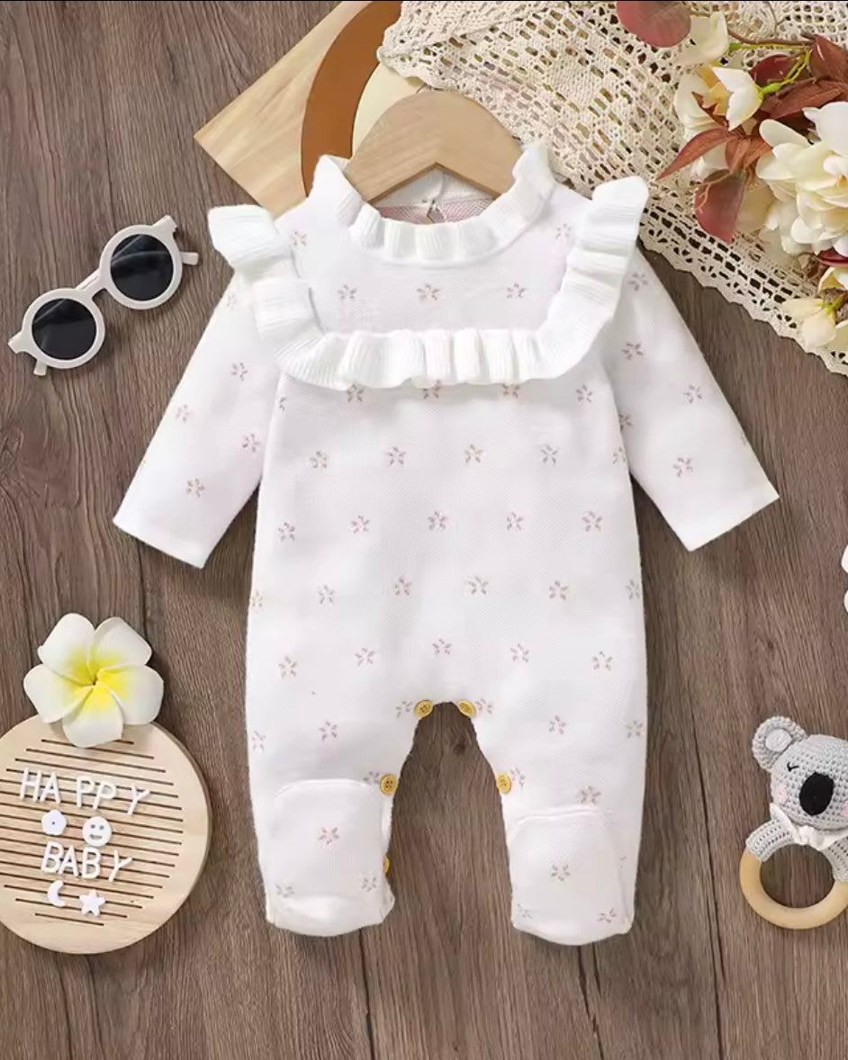 Knit White Ruffle Baby Romper with Tiny Floral Embroidery – Size 0-3m