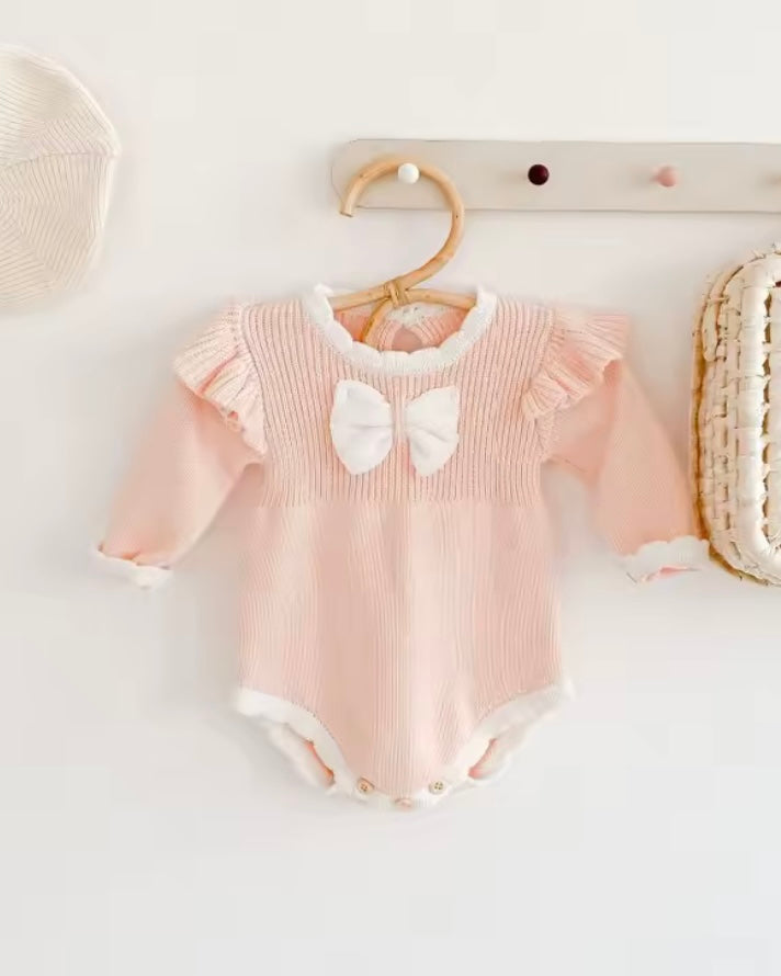 Blush Pink Knit Baby Romper with Bow – Long Sleeve Ruffle Bodysuit | Size 3–6M
