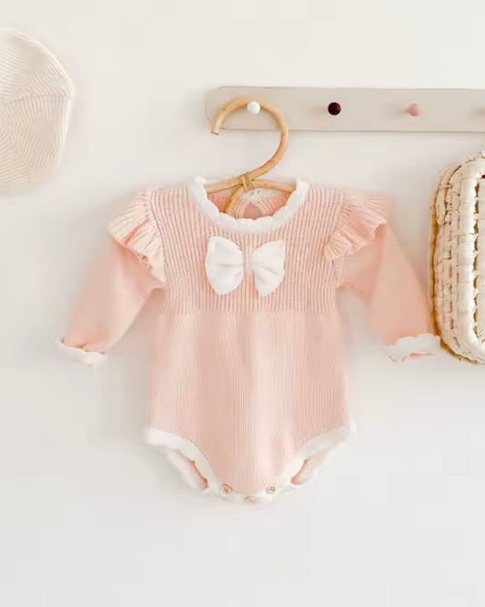Blush Pink Knit Baby Romper with Bow – Long Sleeve Ruffle Bodysuit | Size 3–6M