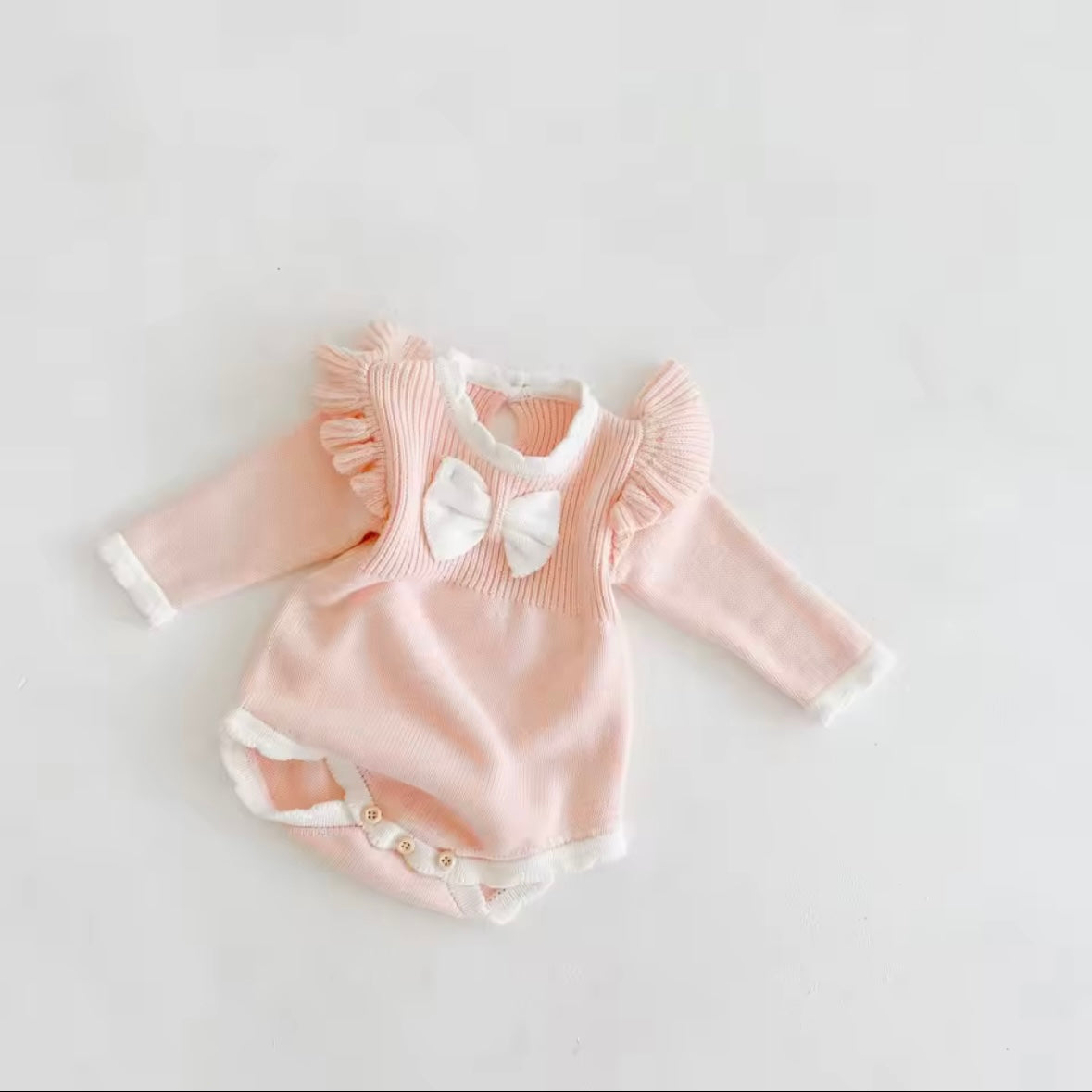 Blush Pink Knit Baby Romper with Bow – Long Sleeve Ruffle Bodysuit | Size 3–6M