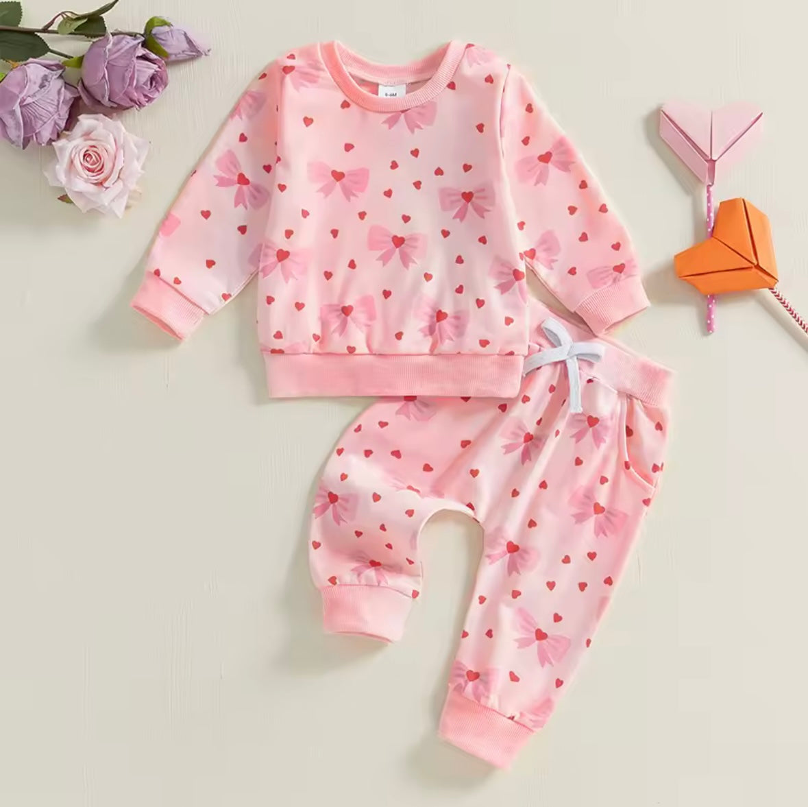 Pink Hearts & Bows 2-Piece Baby Set – Long Sleeve Top + Pants | Size 3–6M