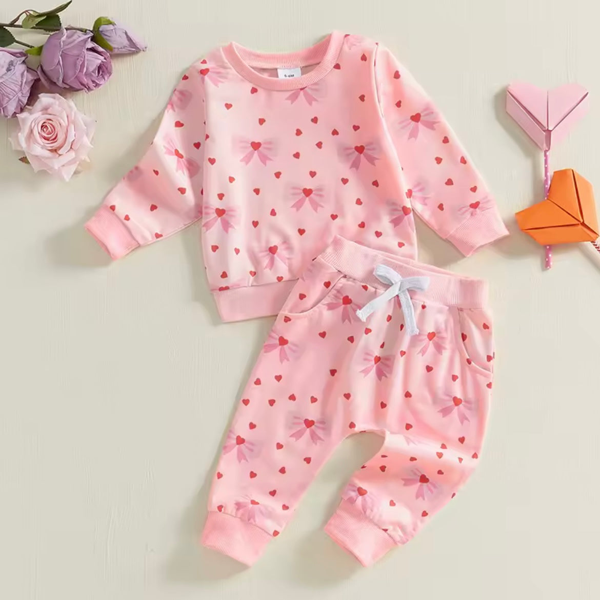 Pink Hearts & Bows 2-Piece Baby Set – Long Sleeve Top + Pants | Size 3–6M