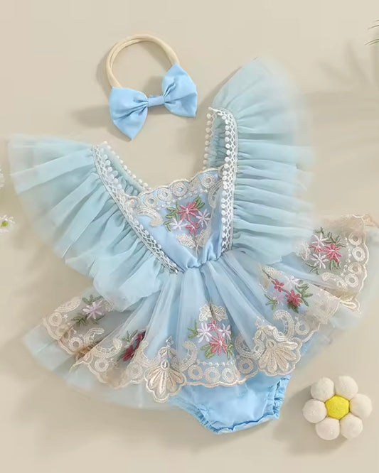 Baby Blue Floral Tulle Baby Romper with Headband – Vintage Lace Embroidery | Size 0–3M