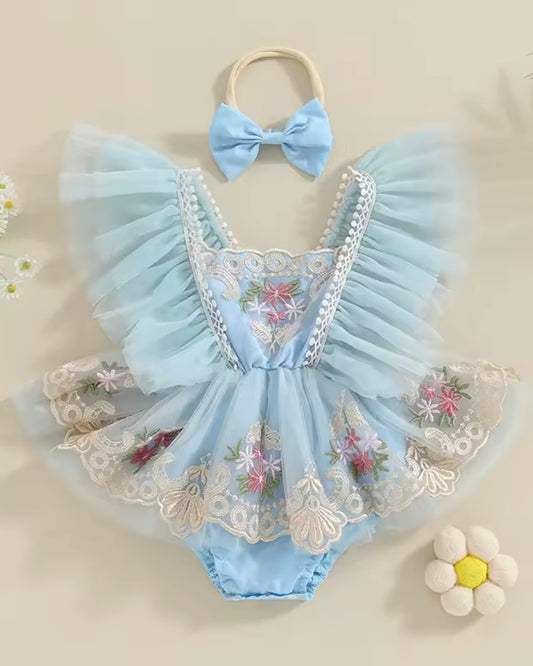 Baby Blue Floral Tulle Baby Romper with Headband – Vintage Lace Embroidery | Size 0–3M