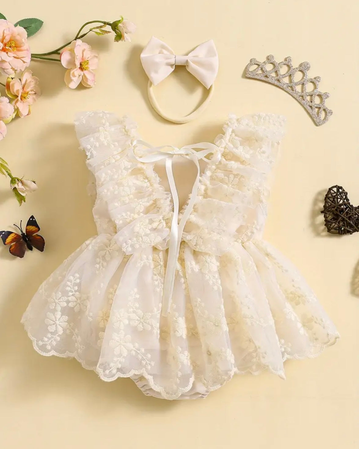 Ivory Floral Lace Baby Romper with Satin Bow Headband – Princess Tulle Dress Style | Size 0–3M