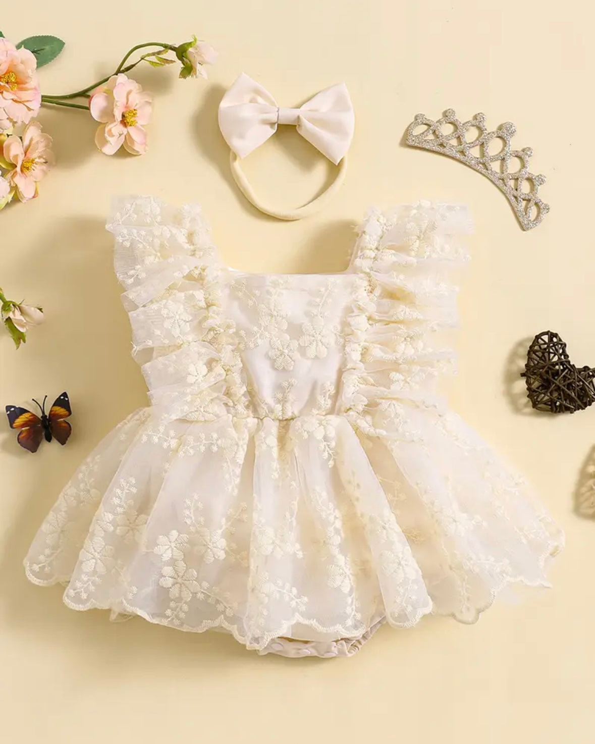 Ivory Floral Lace Baby Romper with Satin Bow Headband – Princess Tulle Dress Style | Size 0–3M