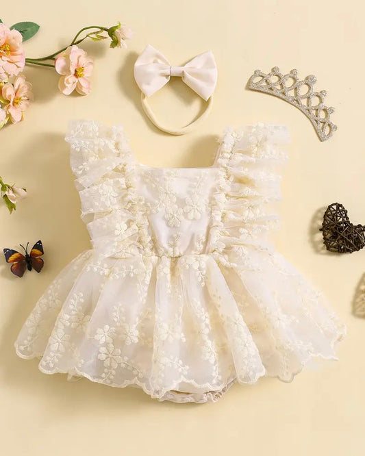 Ivory Floral Lace Baby Romper with Satin Bow Headband – Princess Tulle Dress Style | Size 0–3M