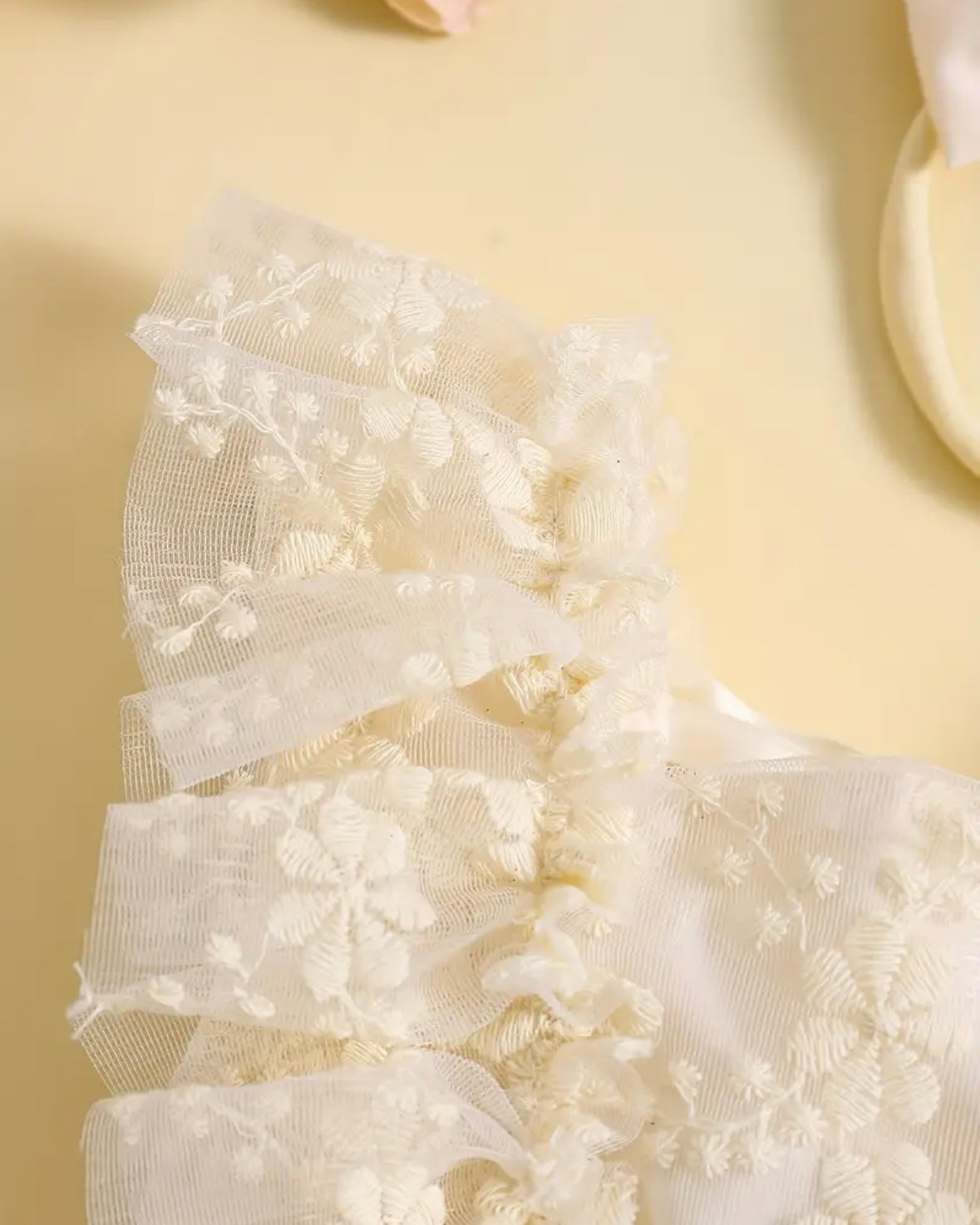 Ivory Floral Lace Baby Romper with Satin Bow Headband – Princess Tulle Dress Style | Size 0–3M