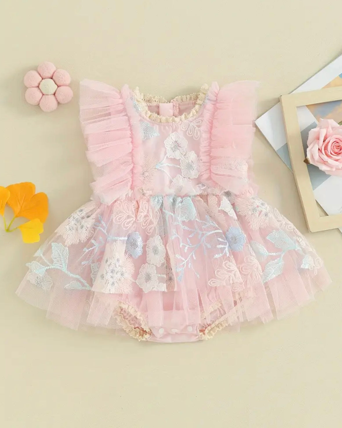 Blush Pink Floral Embroidered Baby Romper – Ruffle Tulle Dress Style | Size 0–3M. CAN BE SPECIAL ORDERED FOR ANY SIZE.