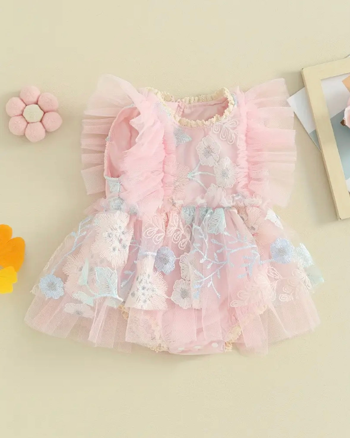 Blush Pink Floral Embroidered Baby Romper – Ruffle Tulle Dress Style | Size 0–3M. CAN BE SPECIAL ORDERED FOR ANY SIZE.