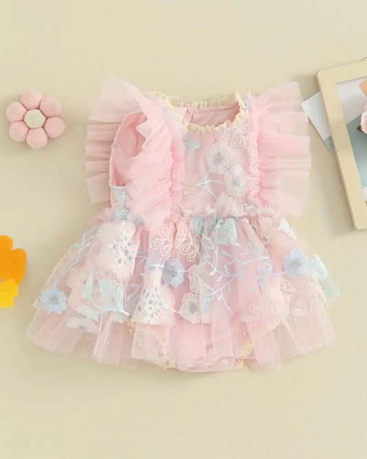 Blush Pink Floral Embroidered Baby Romper – Ruffle Tulle Dress Style | Size 0–3M. CAN BE SPECIAL ORDERED FOR ANY SIZE.