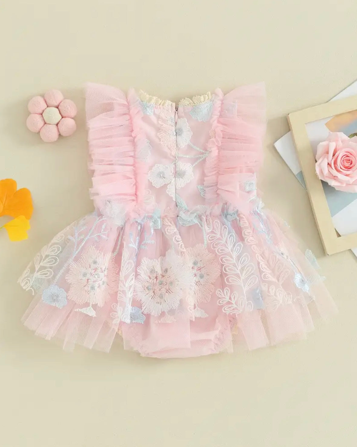 Blush Pink Floral Embroidered Baby Romper – Ruffle Tulle Dress Style | Size 0–3M. CAN BE SPECIAL ORDERED FOR ANY SIZE.