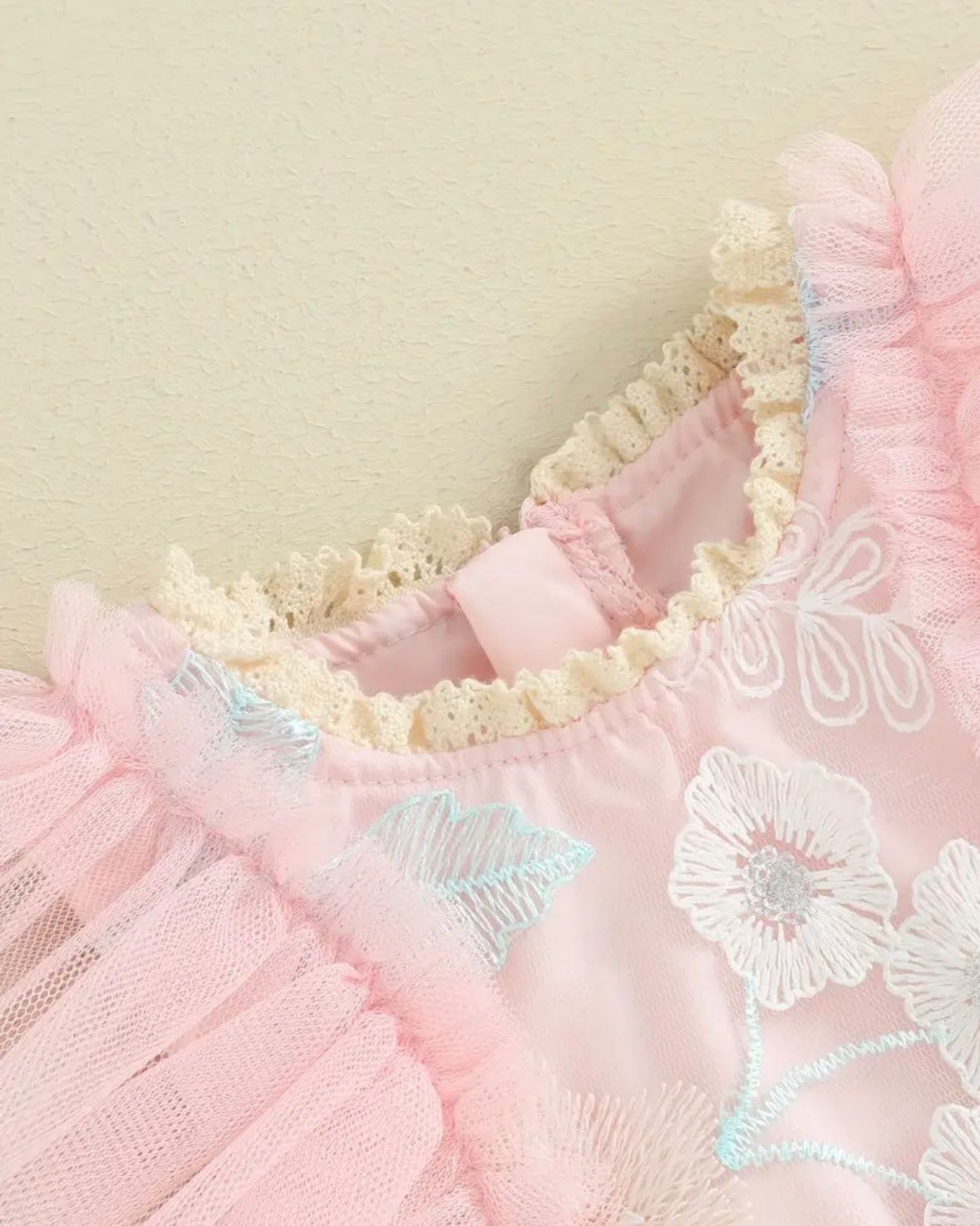 Blush Pink Floral Embroidered Baby Romper – Ruffle Tulle Dress Style | Size 0–3M. CAN BE SPECIAL ORDERED FOR ANY SIZE.