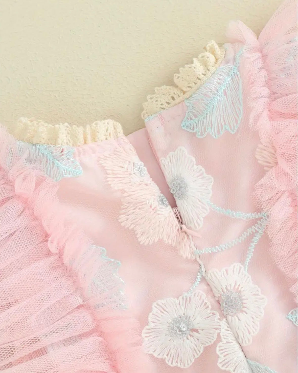 Blush Pink Floral Embroidered Baby Romper – Ruffle Tulle Dress Style | Size 0–3M. CAN BE SPECIAL ORDERED FOR ANY SIZE.