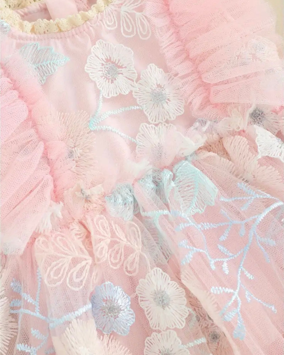 Blush Pink Floral Embroidered Baby Romper – Ruffle Tulle Dress Style | Size 0–3M. CAN BE SPECIAL ORDERED FOR ANY SIZE.