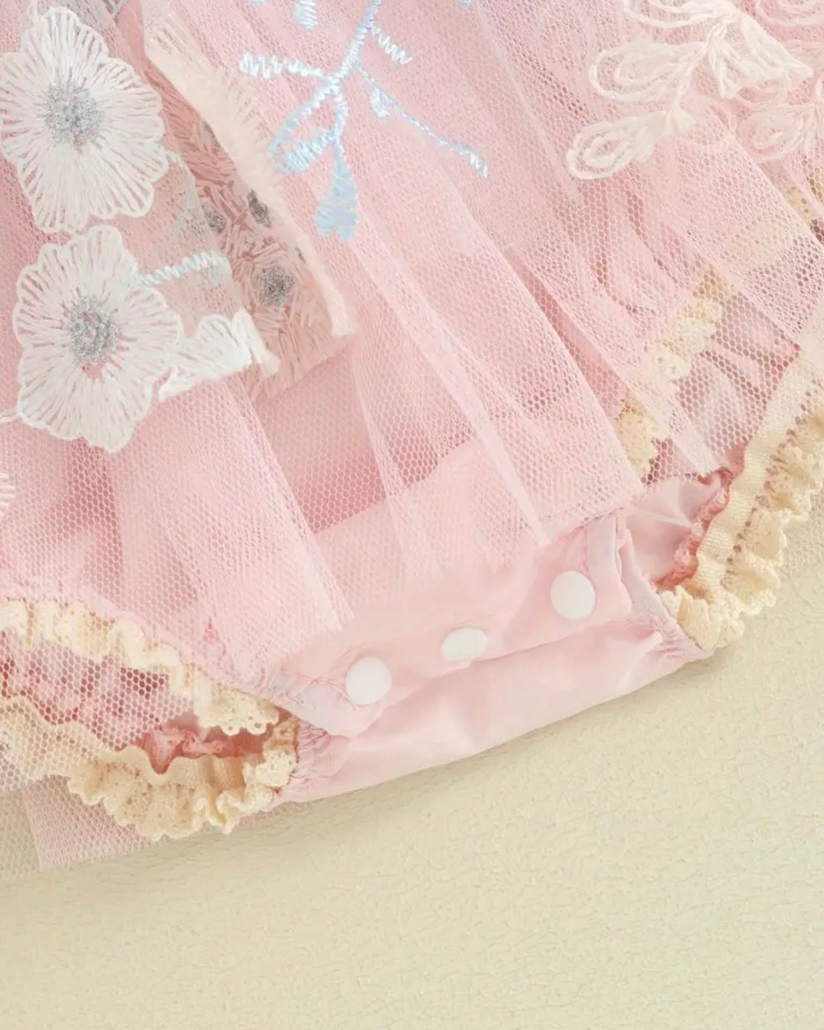 Blush Pink Floral Embroidered Baby Romper – Ruffle Tulle Dress Style | Size 0–3M. CAN BE SPECIAL ORDERED FOR ANY SIZE.