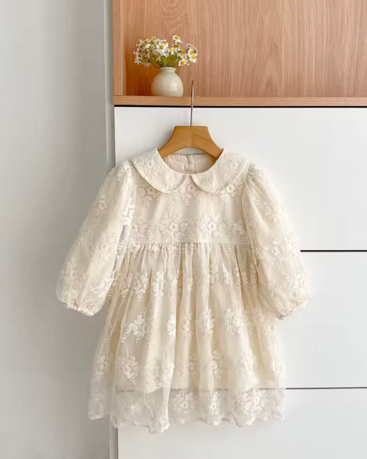 Ivory Floral Lace Long-Sleeve Dress – Vintage Peter Pan Collar | Size 3T