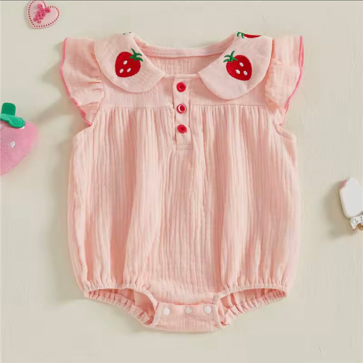 Pink Strawberry Collar Baby Romper – Soft Cotton Muslin | Size 0–3M