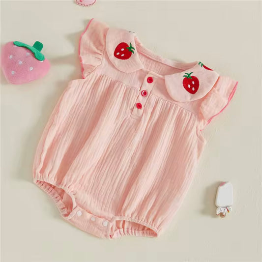 Pink Strawberry Collar Baby Romper – Soft Cotton Muslin | Size 0–3M