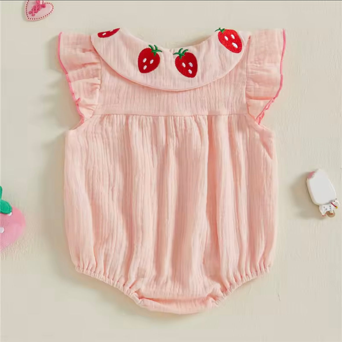 Pink Strawberry Collar Baby Romper – Soft Cotton Muslin | Size 0–3M