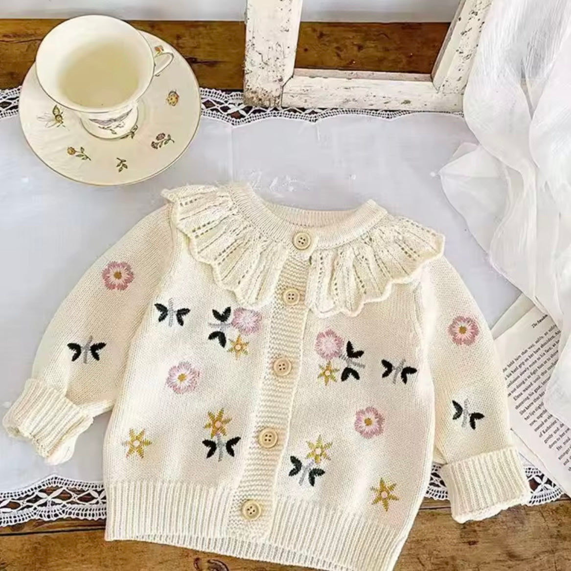 Soft Knit Embroidered Baby Cardigan – Floral & Butterfly Sweater with Lace Collar | Adorable Photo Outfit | Perfect Baby Gift 9–12M