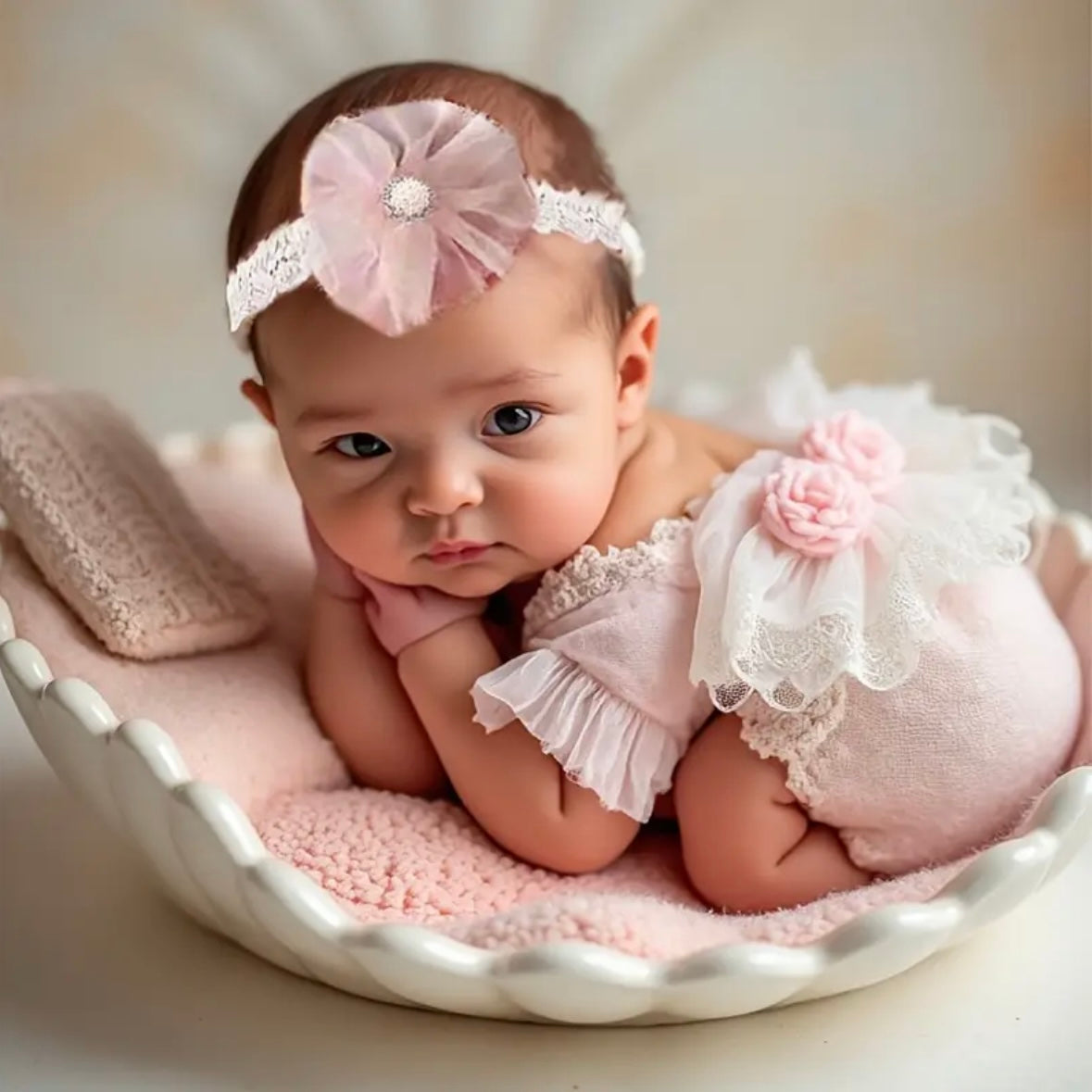 Blush Lace Newborn Romper with Headband | Soft Baby Photoshoot Outfit | Adorable Infant Lace Bodysuit | Perfect Baby Shower Gift