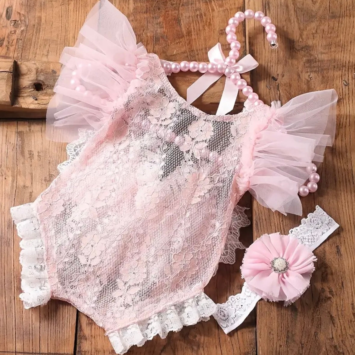 Blush Lace Newborn Romper with Headband | Soft Baby Photoshoot Outfit | Adorable Infant Lace Bodysuit | Perfect Baby Shower Gift