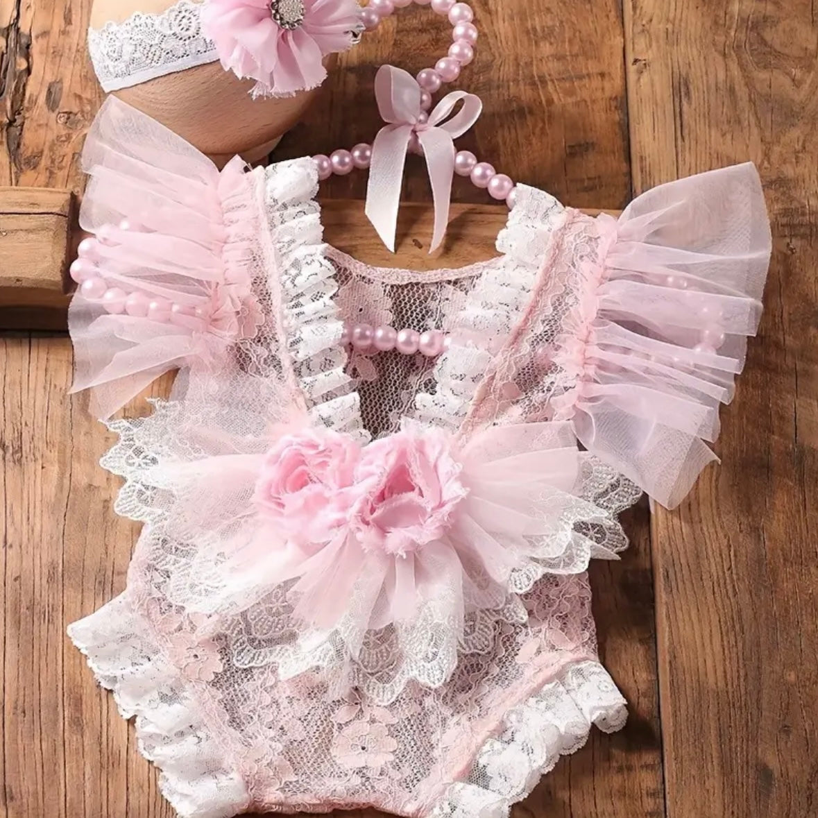 Blush Lace Newborn Romper with Headband | Soft Baby Photoshoot Outfit | Adorable Infant Lace Bodysuit | Perfect Baby Shower Gift