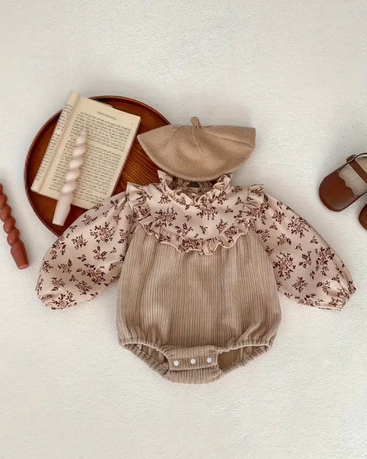 🤎 Vintage Floral Corduroy Romper with Matching Beret – Size 6–9M