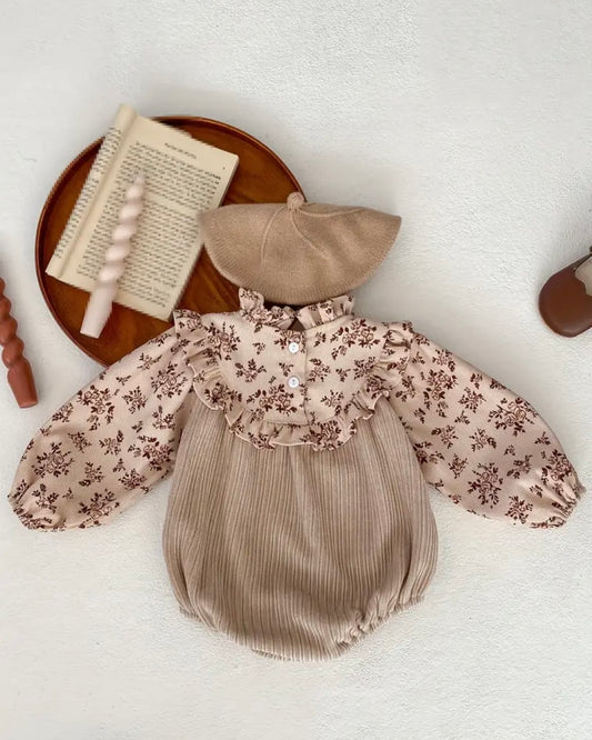 🤎 Vintage Floral Corduroy Romper with Matching Beret – Size 6–9M