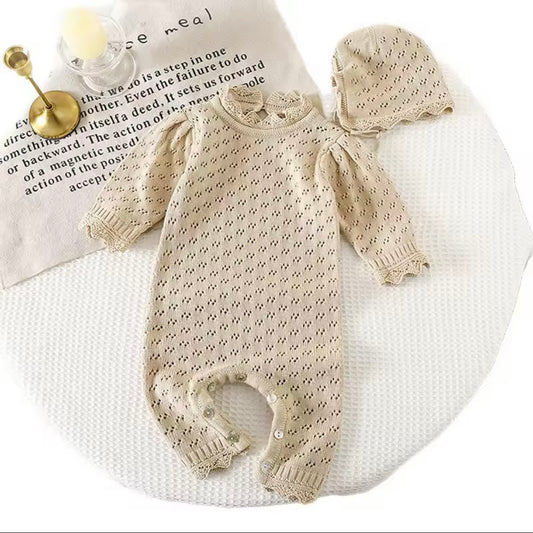 Beige Knit Baby Romper Set with Matching Bonnet | Soft Vintage Infant Outfit | Perfect Gift for Newborn Photos. Size 3 Months